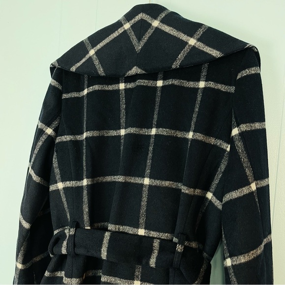 Ann Taylor Sz Medium Tall MT Window Pane Navy Blue Plaid Wrap Wool Long Coat - Picture 6 of 8